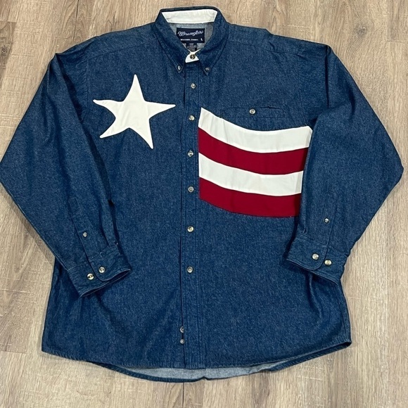 Men’s Large Wrangler Chambray Denim Western USA America Flag Vintage VTG Shirt - Picture 6 of 12